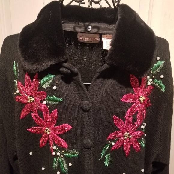 Basic Editions Holiday Poinsettia Beaded Sweater Removable Faux Fur Collar Sz L - Picture 2 of 7